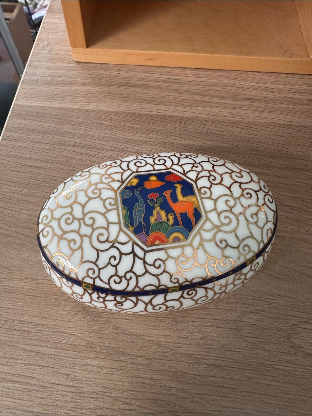 Saint James White and Blue Enamel Oval Trinket Box with Gold Filigree